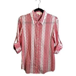 Etcetera Pink White Stripe Adjustable Sleeve Cotton Button Down Top Women Medium